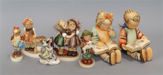 Seven Hummel figures and a Dresden porcelain figure